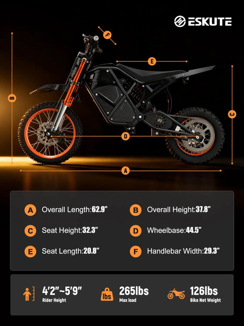 Electric Dirt Bike For Teens And Adults With 3500W Peak Power 38 To 46 Mph Top Speed 53 Mile Range 48 Volt 23Ah Battery Mid Drive Motor Hydraulic Dual Shock Absorbers Orange And Black With Lock For Off Road Thrill Seekers, side view with 62.9 in length