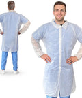 Disposable Lab Coats for Adults, Medium White, Pack of 10, Non Woven Polypropylene, Hook and Loop Closure, Elastic Wrists, No Pockets