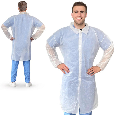 Disposable Lab Coats for Adults, Medium White, Pack of 10, Non Woven Polypropylene, Hook and Loop Closure, Elastic Wrists, No Pockets