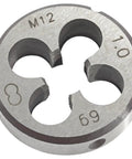 Close-up of alloy tool steel die from M12 X 1.0 Metric Tap And Die Set For Thread Repair And Metalworking Pro Grade DIY Friendly HSS