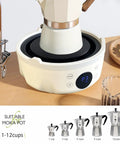 Ultra Compact 600W Electric Mini Hot Plate With Nine Precise Heat Settings brewing moka pot on a kitchen counter.
