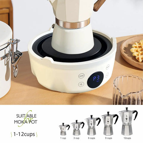 Ultra Compact 600W Electric Mini Hot Plate With Nine Precise Heat Settings brewing moka pot on a kitchen counter.
