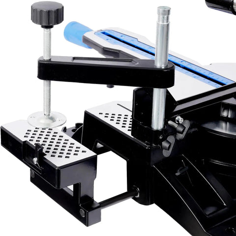Heavy Duty Pro Grade Sliding Compound Miter Saw With Dead On Laser Guide 12 Inch 80 Tooth Blade 15 Amp Motor Dual Bevel Setup Sturdy Extension Table close-up of adjustable clamp and table.