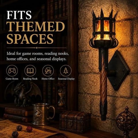 Medieval LED Torch Wall Sconce, Gothic Castle Flame-Effect Lamp mounted on stone wall, ideal for themed spaces.