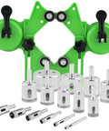 QWLWBU Diamond Hole Saw Kit with green double-suction jig and 16 silver hole saws.