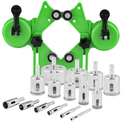 QWLWBU Diamond Hole Saw Kit with green double-suction jig and 16 silver hole saws.