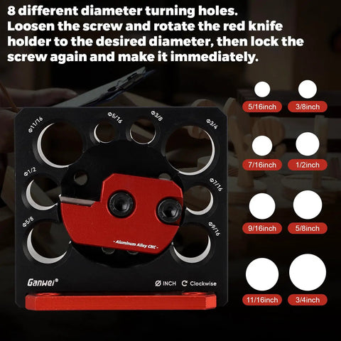 Slick No Sweat Drill Attachment Jig Kit For Turning Square Lumber Into Smooth Wooden Dowels Fast Solid Eight Size Range With Razor Sharp Carbide Blades For Hard Core Woodworking, featuring diameter adjustment holes.