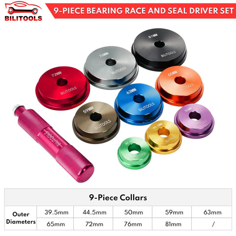 Bearing Press Kit 10 Piece Bearing Race And Seal Driver Set with dual sided adapters and metric sizes, colorful collars.