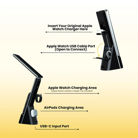 Side view of 7 In 1 Desk Lamp With 10W Wireless Charging Pad And Clock Dimmable LED Light With USB Charging Alarm, showing ports.