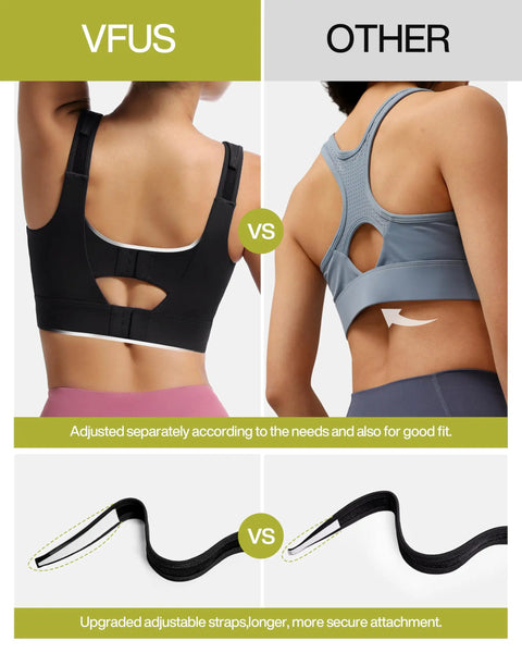 Comparison of VFUS black sports bra with adjustable straps vs other brand for High Impact Zip Front Sports Bra For Women With Full Coverage Lift And Padded Support For Gym Ready Comfort And Peak Performance Training Running HIIT And All Day Comfort