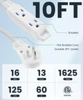 10 Ft 360 Degree Rotating Flat Plug Extension Cord With Three Outlets, Braided Flat White Power Cable For Indoor Use At Home Or Office
