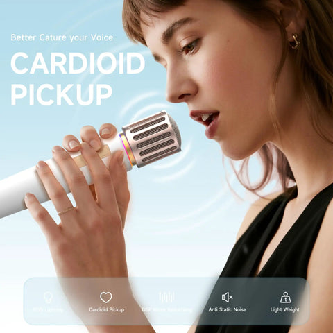 Woman holding Wireless Microphone For Singing And Speaking With Ultra Stable 200 Ft Range, 9ms Latency, LED Lights, 40 Hour Battery.