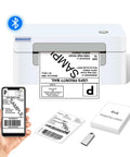 Bluetooth 4x6 Thermal Shipping Label Printer Workhorse For Small Business, Wireless Label Printer For Amazon Shipments, Hassle Free App Bluetooth Printing With iPhone Android iPad Windows MacOS Gray showing printed label and phone app