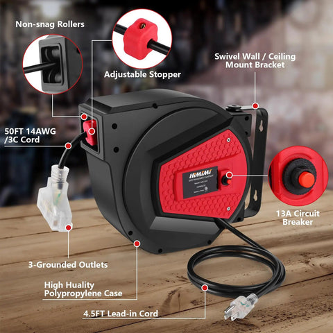 Retractable Extension Cord Reel 50 Feet 14 AWG 3 Conductor Power Cord For Garage And Workshop Wall Or Ceiling Mount Three Outlets