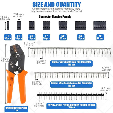Pro Grade Ratchet Crimping Tool Kit For Wire And Dupont Pins All In One Pack With Over 500 Connectors AWG 28-18 size details