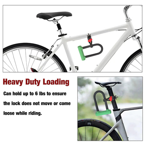 Beefed-Up U Lock Holder Clamp for heavy duty bike locks on a bike's frame, showing secure fit and rattle-free design.