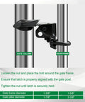 Wmebee Chain Link Fence Butterfly Gate Latch, Black Powder Coated, mounted on gate frame for proper alignment.