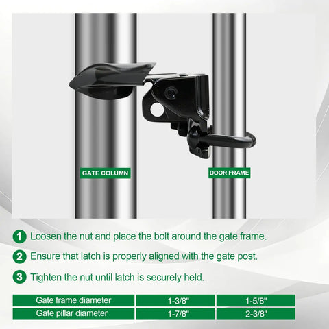 Wmebee Chain Link Fence Butterfly Gate Latch, Black Powder Coated, mounted on gate frame for proper alignment.