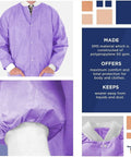 Purple Medium Disposable Lab Jackets crafted in lightweight SMS 50 GSM with 30-inch hip length, snap front, knit cuffs, and collar.