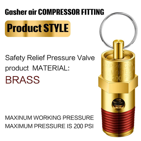 4 Piece Air Compressor Parts Replacement Kit With Relief Valves And Pressure Gauges, One Quarter Inch NPT, 0 To 125 PSI Gauge Range, brass safety relief valve
