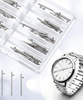 Solid 100 Piece Watch Spring Bar Kit With Quick Release Pins And Rust Resistant Alloy For No Sweat Strap Swaps Across 14mm To 26mm Sizes with watch and spring bars.