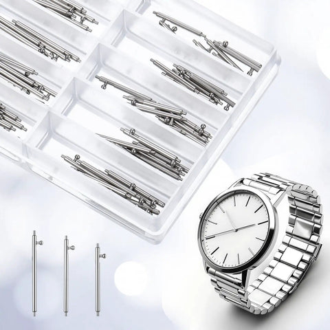 Solid 100 Piece Watch Spring Bar Kit With Quick Release Pins And Rust Resistant Alloy For No Sweat Strap Swaps Across 14mm To 26mm Sizes with watch and spring bars.
