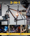 Welder using 140A 3 In 1 MIG Flux Core Stick Lift TIG Welder with dual voltage in workshop setting