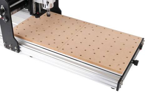Installed Rugged MDF Spoilboard Table For 3060 Evo Pro And 3060 Evo Ultra CNC Routers showing clamped setup on workbench