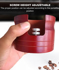 Hit The Daily Grind Right With This Solid Wood Red Portafilter Holder Stand Bottomless Tamp Base showing adjustable screw design.