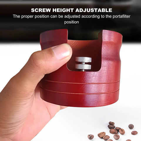 Hit The Daily Grind Right With This Solid Wood Red Portafilter Holder Stand Bottomless Tamp Base showing adjustable screw design.