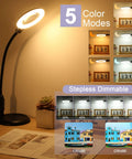 2 In 1 LED Magnifying Glass With Light And Stand showing five color modes and dimmer options in a desk setup