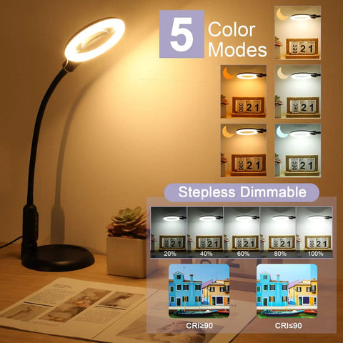 2 In 1 LED Magnifying Glass With Light And Stand showing five color modes and dimmer options in a desk setup
