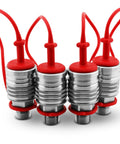 Front view: four silver hydraulic valve adapters with knurled bodies, red silicone caps, and red lanyards.