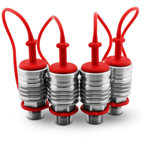 Front view: four silver hydraulic valve adapters with knurled bodies, red silicone caps, and red lanyards.