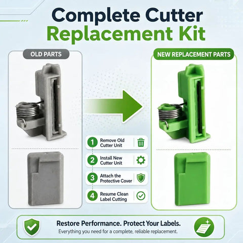 Genuine Cutter Head Replacement For Brother Pt-E100, Pt-D200, Pt-D210 Label Makers; old vs new cutter unit comparison.