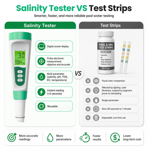 Comparison of 5 In 1 Digital Salt Tester And PH Meter For Saltwater Pools and traditional test strips with features highlighted.