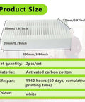 Dimensions and materials of 2 Pack 3D Printer Air Filter Cartridges for Adventurer 5M Pro, white activated carbon cotton filter.