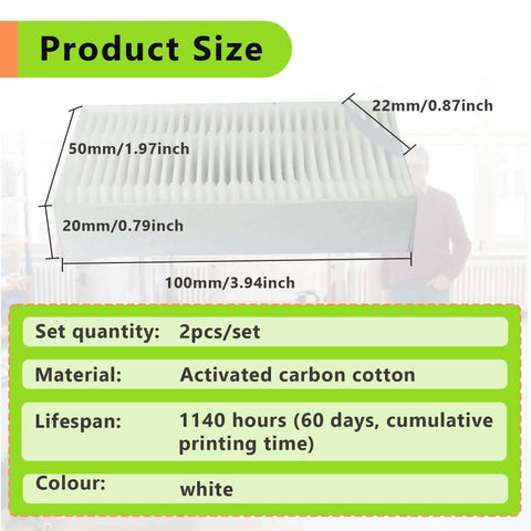 Dimensions and materials of 2 Pack 3D Printer Air Filter Cartridges for Adventurer 5M Pro, white activated carbon cotton filter.