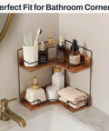 Super Sleek 2 Tier Wooden Corner Shelf For Bathroom Counter And Vanity, holds skincare and makeup in a compact design.