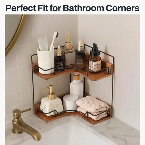 Super Sleek 2 Tier Wooden Corner Shelf For Bathroom Counter And Vanity, holds skincare and makeup in a compact design.