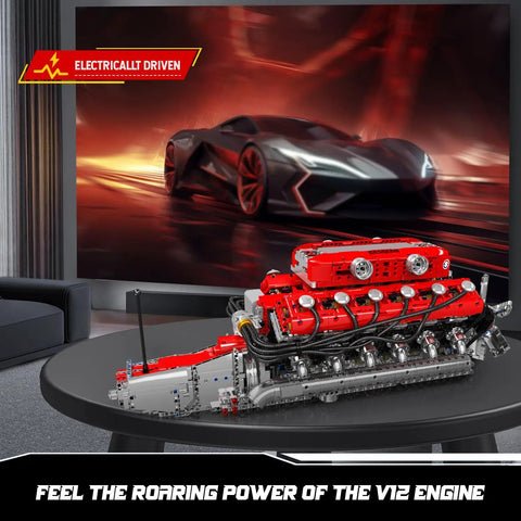 Mould King V12 Engine Model Kit That Runs With Battery And Gearshift displayed on a table, motorized car model, 3472+ Pieces.