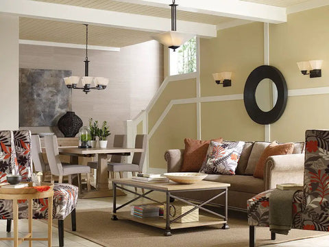 Venetian Bronze Chandelier With Arching Linear Arms And Square Etched Glass in a modern living room setting.