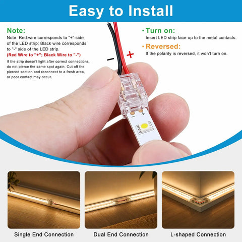 Twenty Pack 8Mm Two Pin Solderless Led Strip To Wire Connectors Snap And Go Transparent Adapters, showing installation methods for easy hookup.