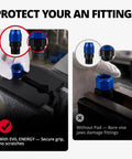 Professional Grade 4 Inch Magnetic Vise Jaw Pads Crafted From Heavy Duty Solid Aluminum AN Fitting Protectors displayed protecting AN fittings.