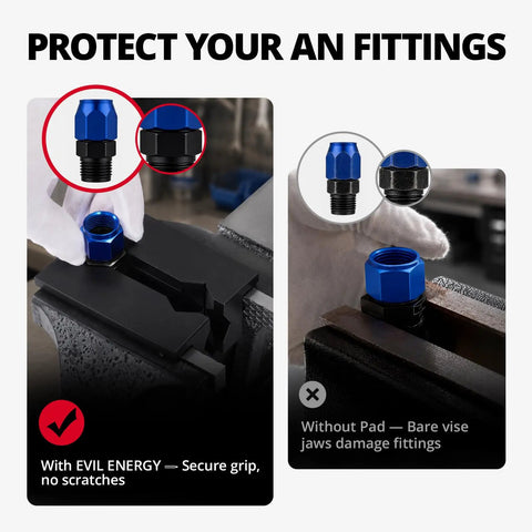 Professional Grade 4 Inch Magnetic Vise Jaw Pads Crafted From Heavy Duty Solid Aluminum AN Fitting Protectors displayed protecting AN fittings.