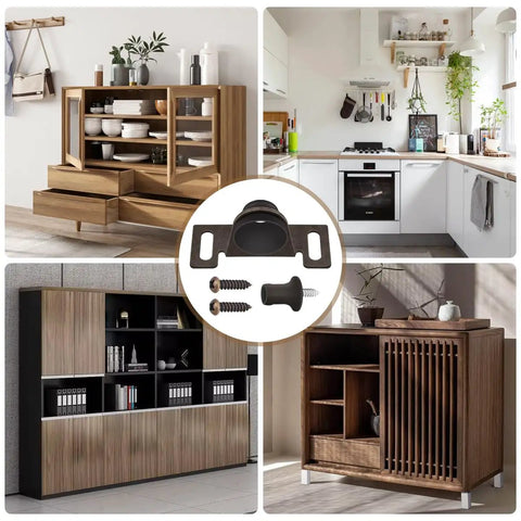 Bulldog Style Cabinet Door Latch With Antique Brown Finish, Right Angle Mount, shown in kitchen and storage settings