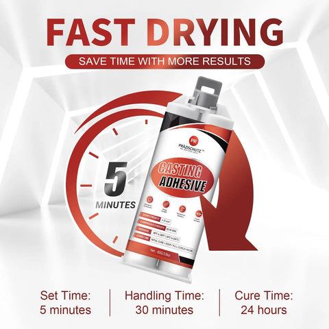 Heavy Duty Metal Repair Epoxy For Casting And Filler For Aluminum Steel Iron Plastic Ceramic Waterproof And Heat Resistant Industrial Strength Bond Tough As Nails To Seal Cracks And Sand Holes In Metal Surfaces adhesive bottle with fast drying and time details.