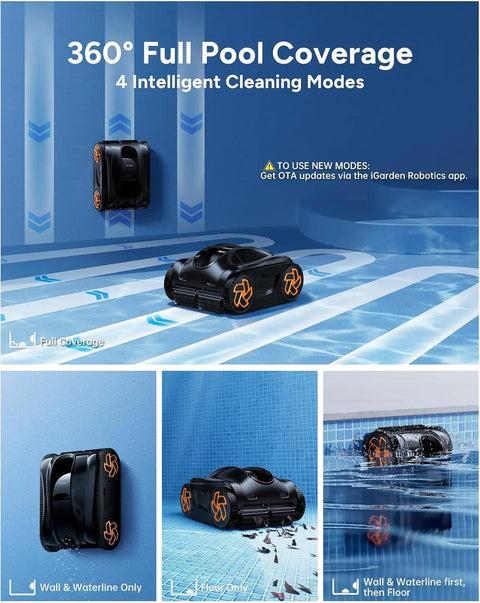 4H Cordless Robotic Pool Vacuum For Inground And Above Ground Pools With Smart Navigation AI Timer App Control Auto Parking And Floor Wall Waterline Cleaning In Black shown cleaning various pool surfaces