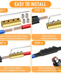 Four step installation of Five Piece Four Hole 6 AWG 80A Brass Wire Splice Connectors Kit with insulation sleeves and tools.