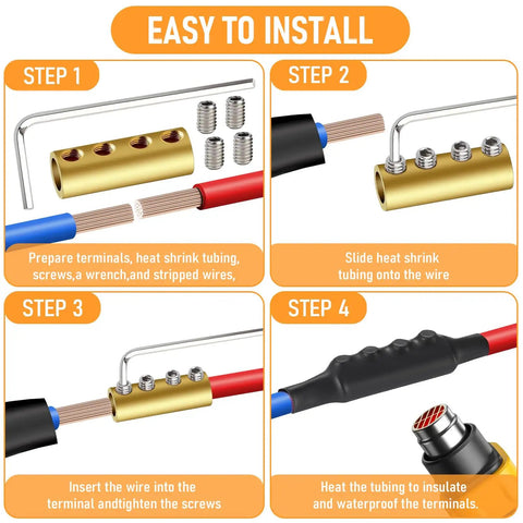 Four step installation of Five Piece Four Hole 6 AWG 80A Brass Wire Splice Connectors Kit with insulation sleeves and tools.